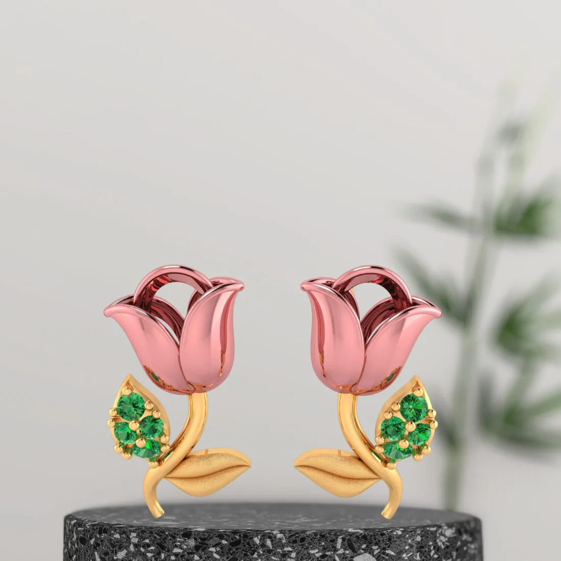 14k Pink Yellow And Green Stone Leaves Gold Earrings