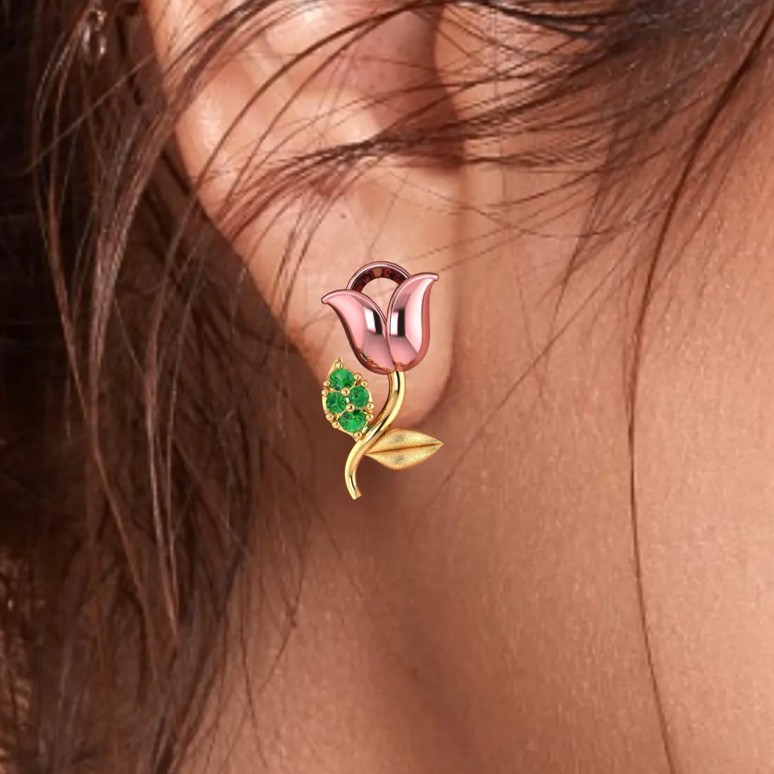 14k Pink Yellow And Green Stone Leaves Gold Earrings