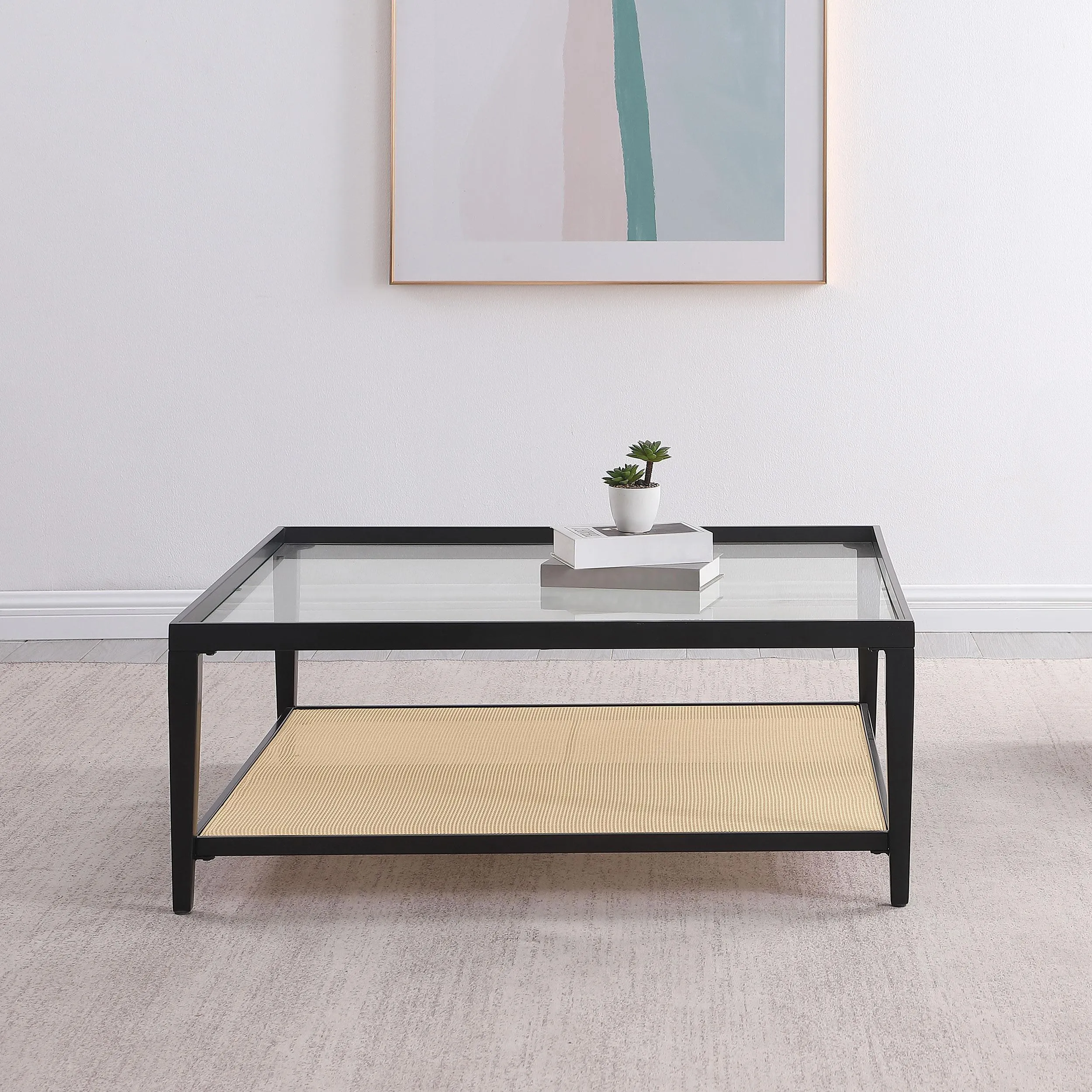 Coaster Furniture Amherst 710658 Glass Top Metal with Cane Shelf Coffee Table - Black