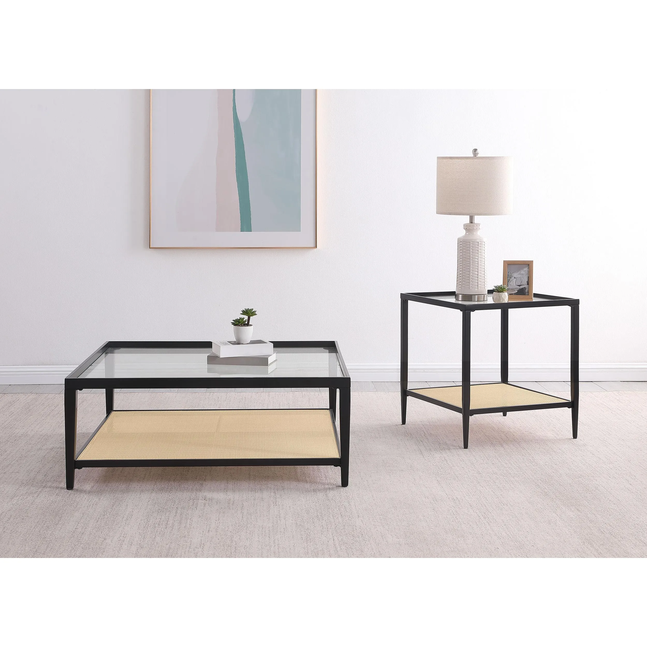 Coaster Furniture Amherst 710658 Glass Top Metal with Cane Shelf Coffee Table - Black