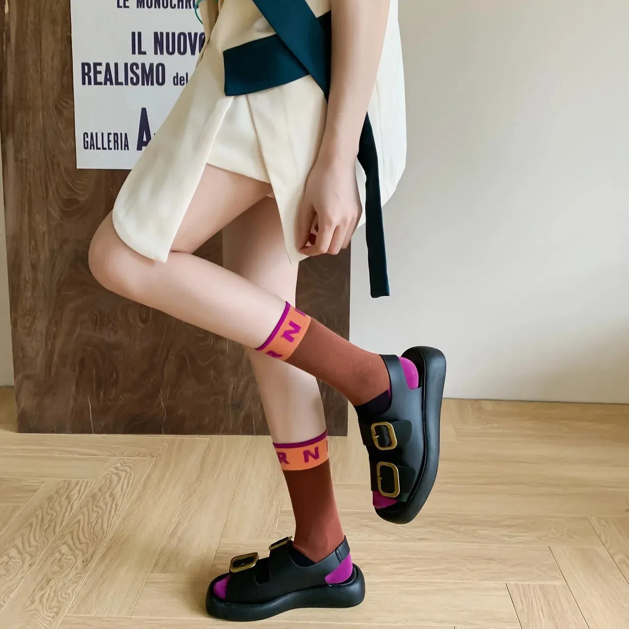 Contrast Color Socks Alphabet Print Sports Fashion Socks Pure Cotton Comfortable Soft Thin Breathable Casual