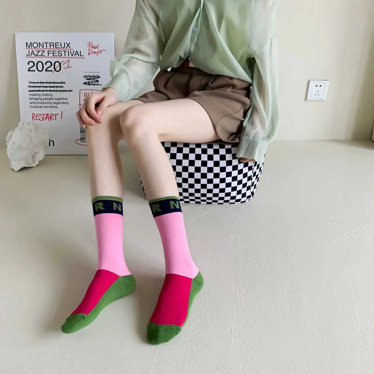 Contrast Color Socks Alphabet Print Sports Fashion Socks Pure Cotton Comfortable Soft Thin Breathable Casual
