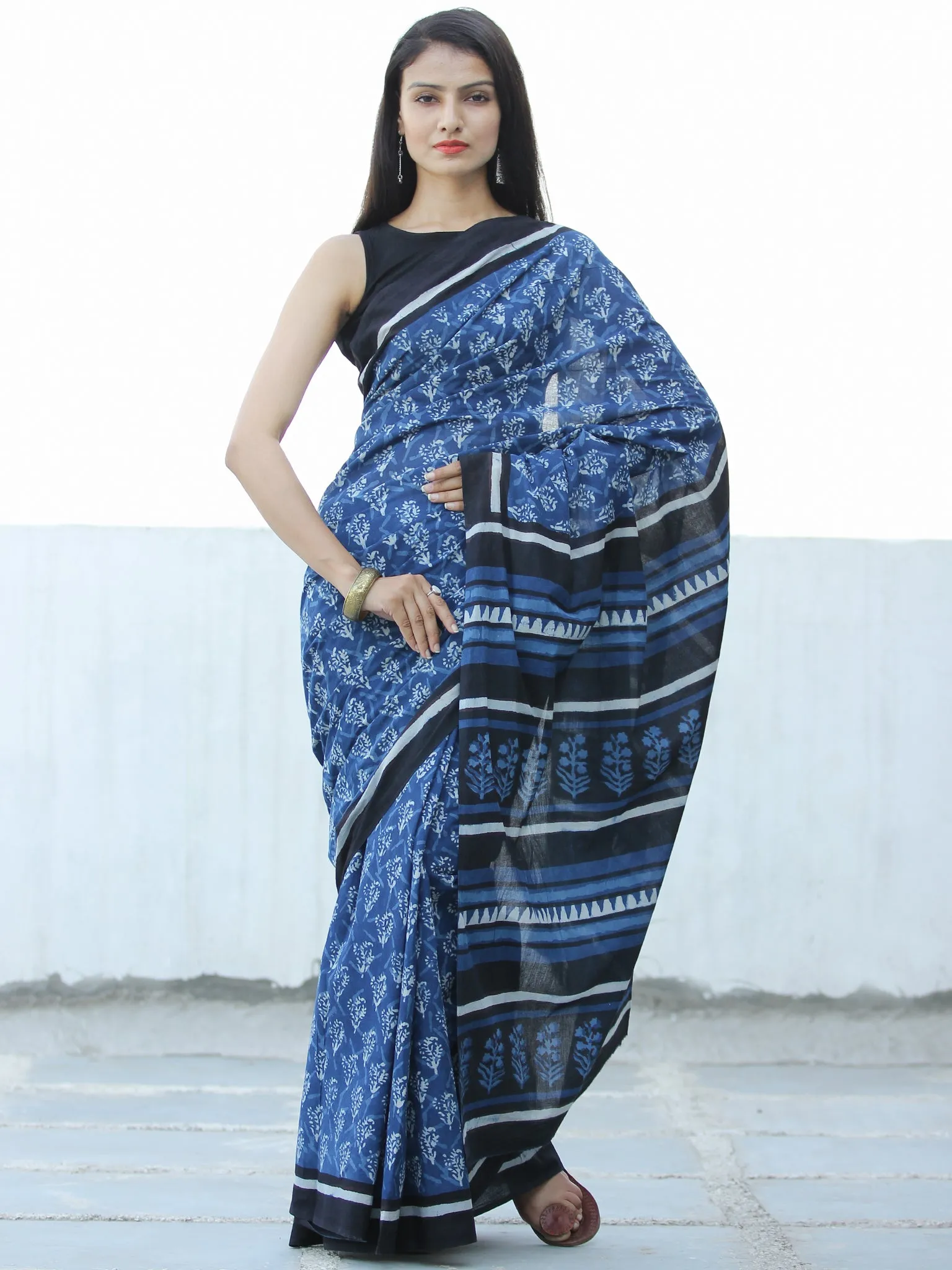 Indigo White Hand Block Printed  Cotton Mul Saree - S031703975
