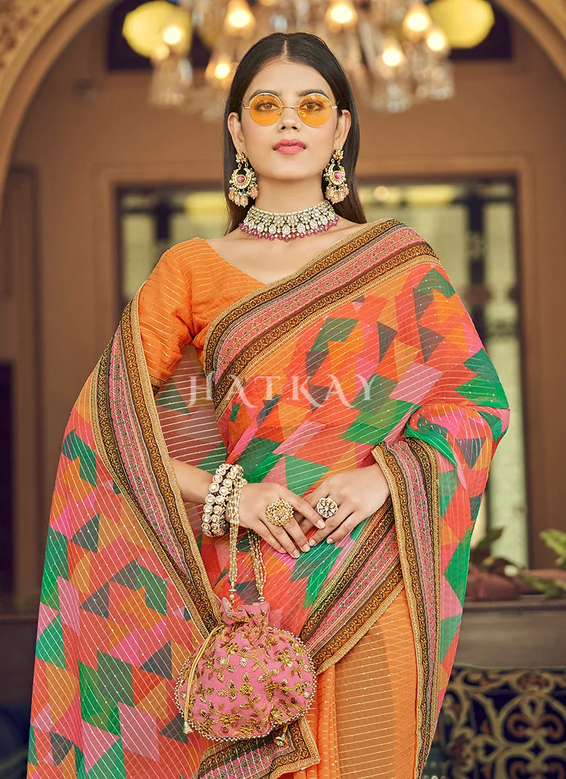 Orange Sequence Printed Georgette Saree