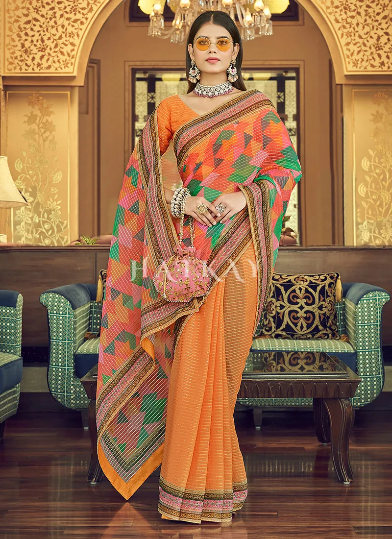 Orange Sequence Printed Georgette Saree
