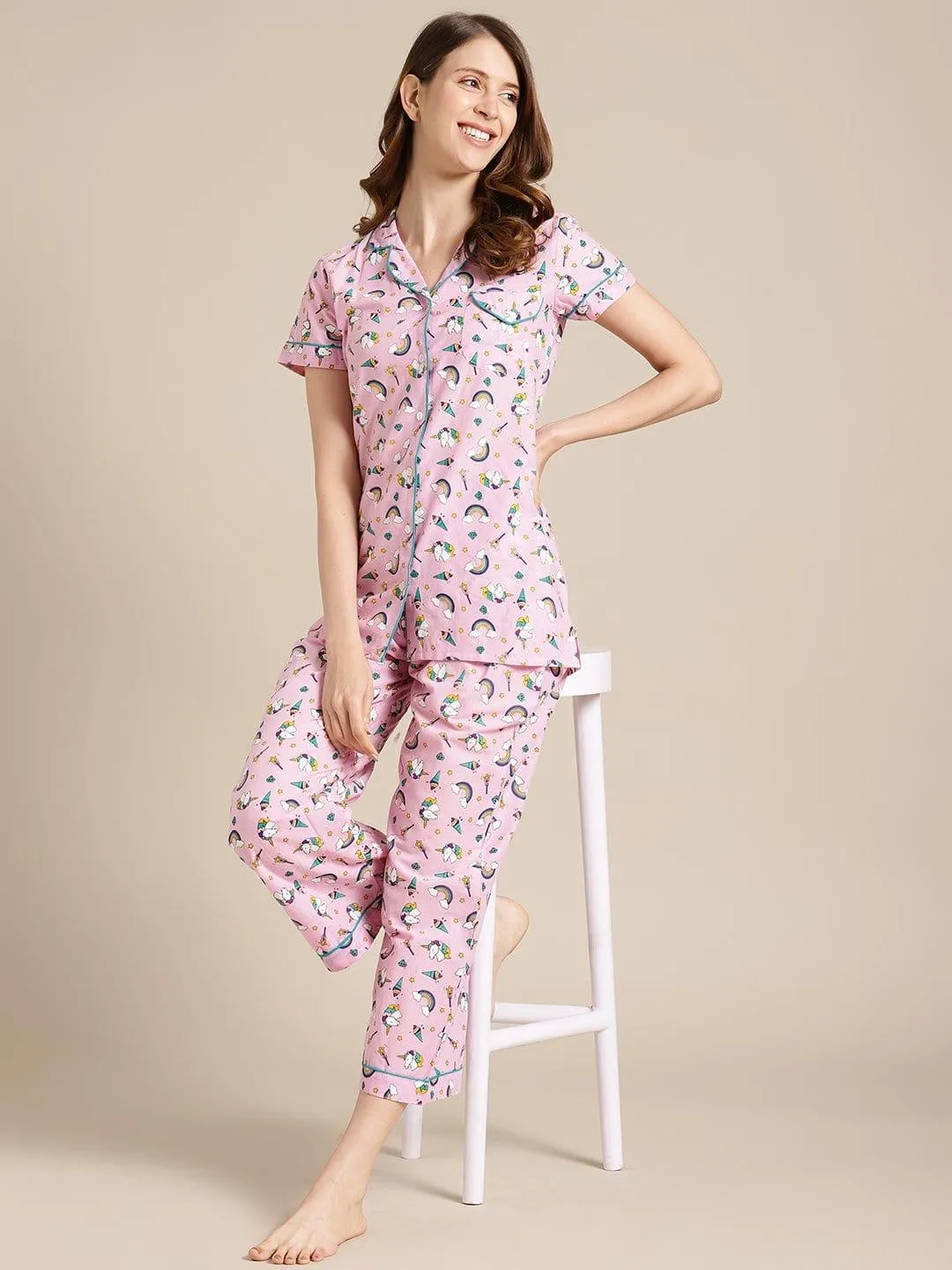Pink And Multi Color Unicorn Quirky  Printed Launge Wear Set