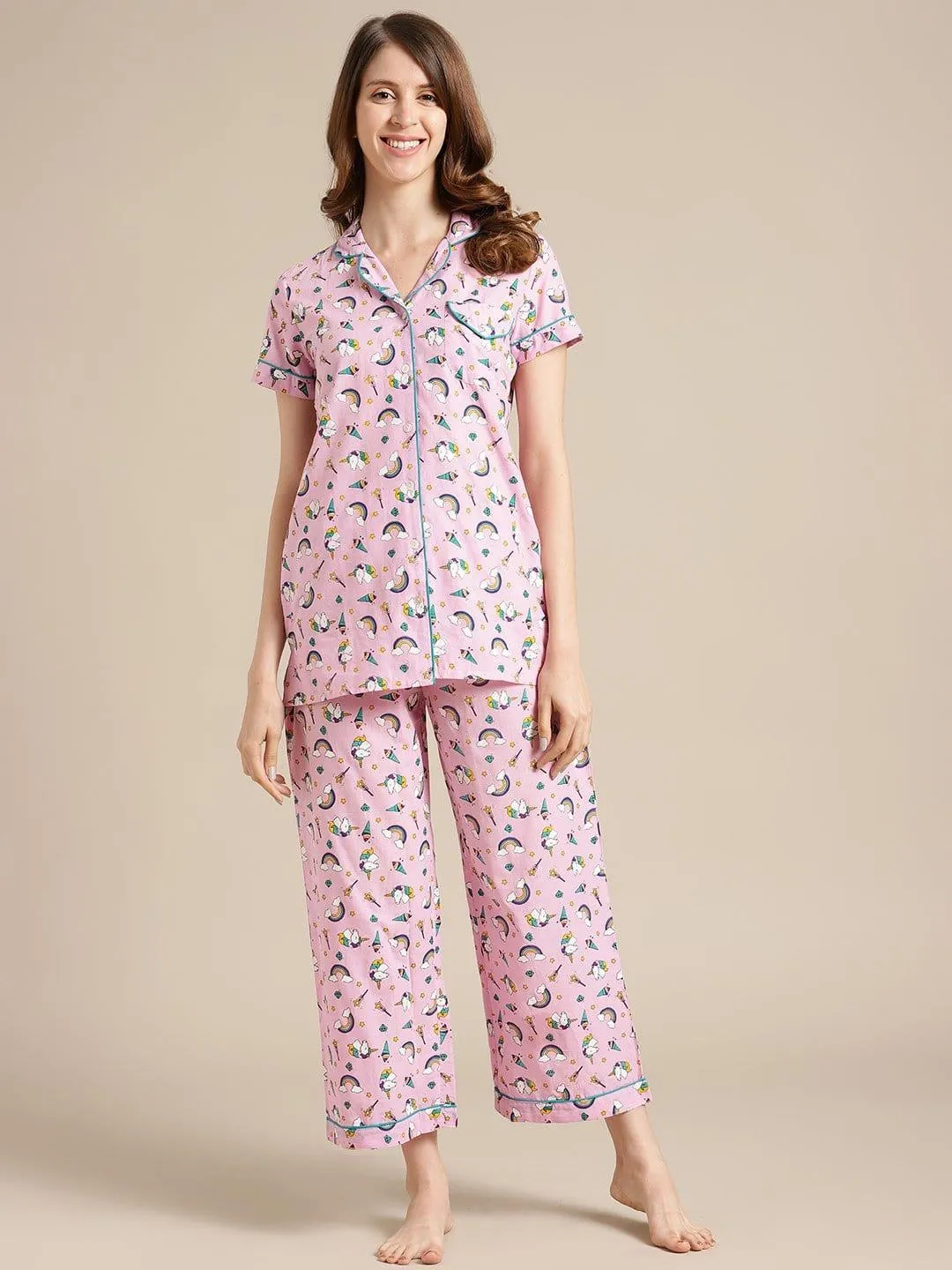 Pink And Multi Color Unicorn Quirky  Printed Launge Wear Set