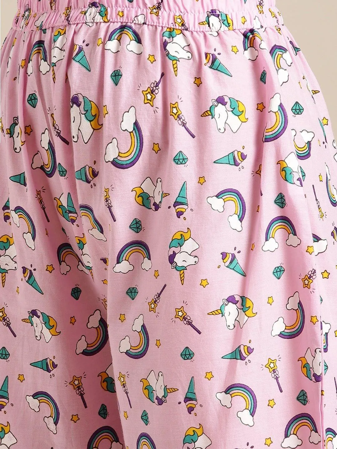Pink And Multi Color Unicorn Quirky  Printed Launge Wear Set