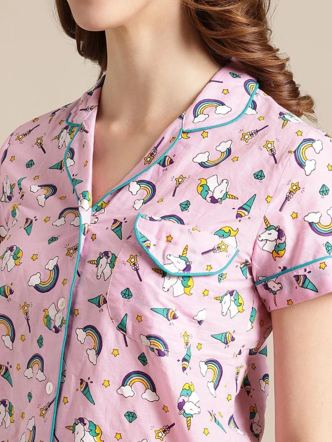 Pink And Multi Color Unicorn Quirky  Printed Launge Wear Set