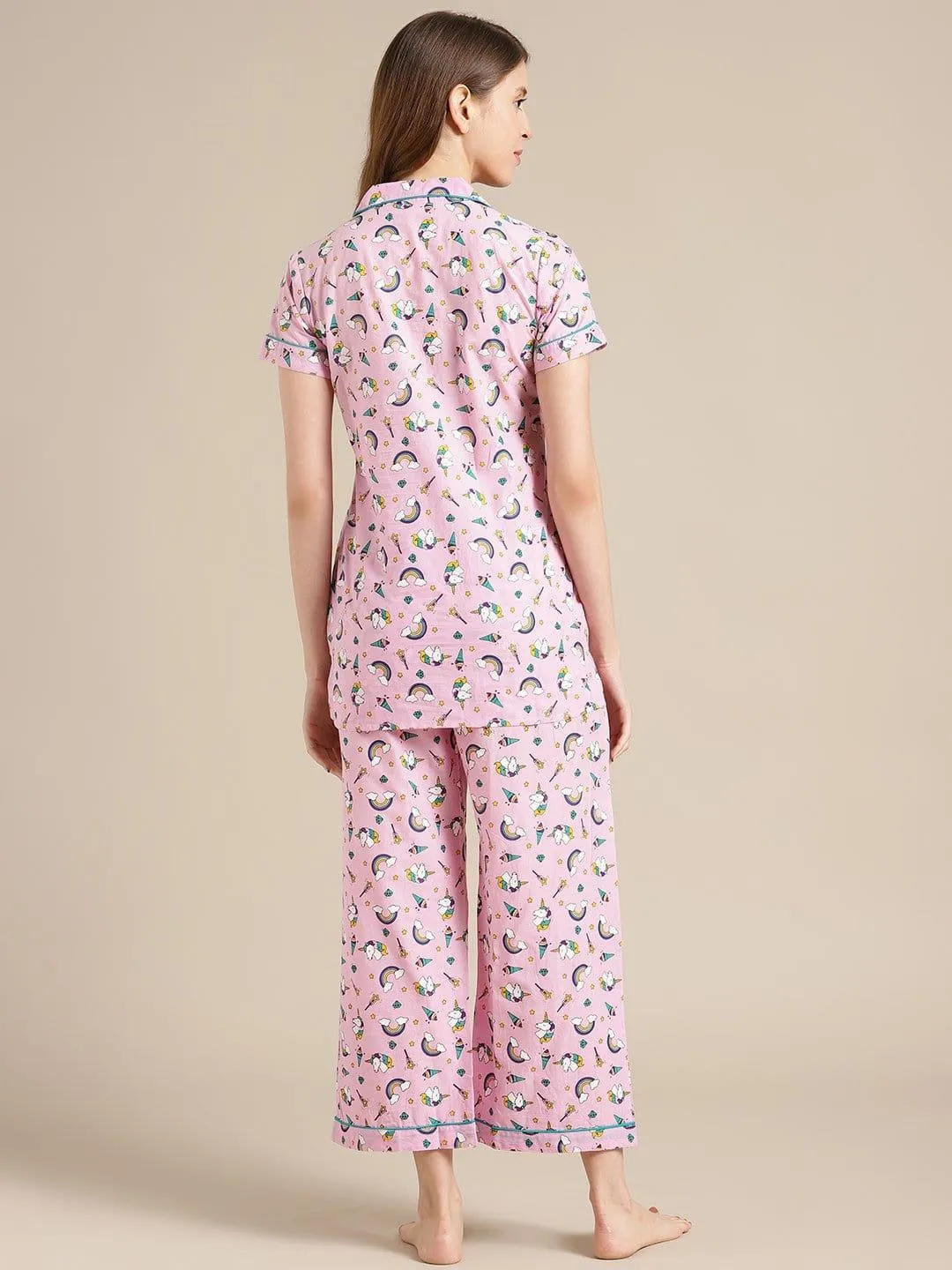 Pink And Multi Color Unicorn Quirky  Printed Launge Wear Set