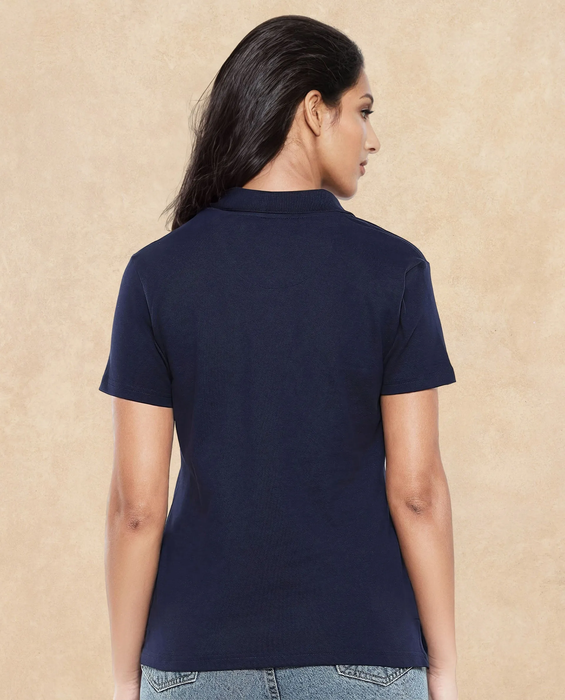 Rareism Women Laken Navy Cotton Lycra Fabric Short Sleeve Polo Collar Zipper Closure Plain Polo