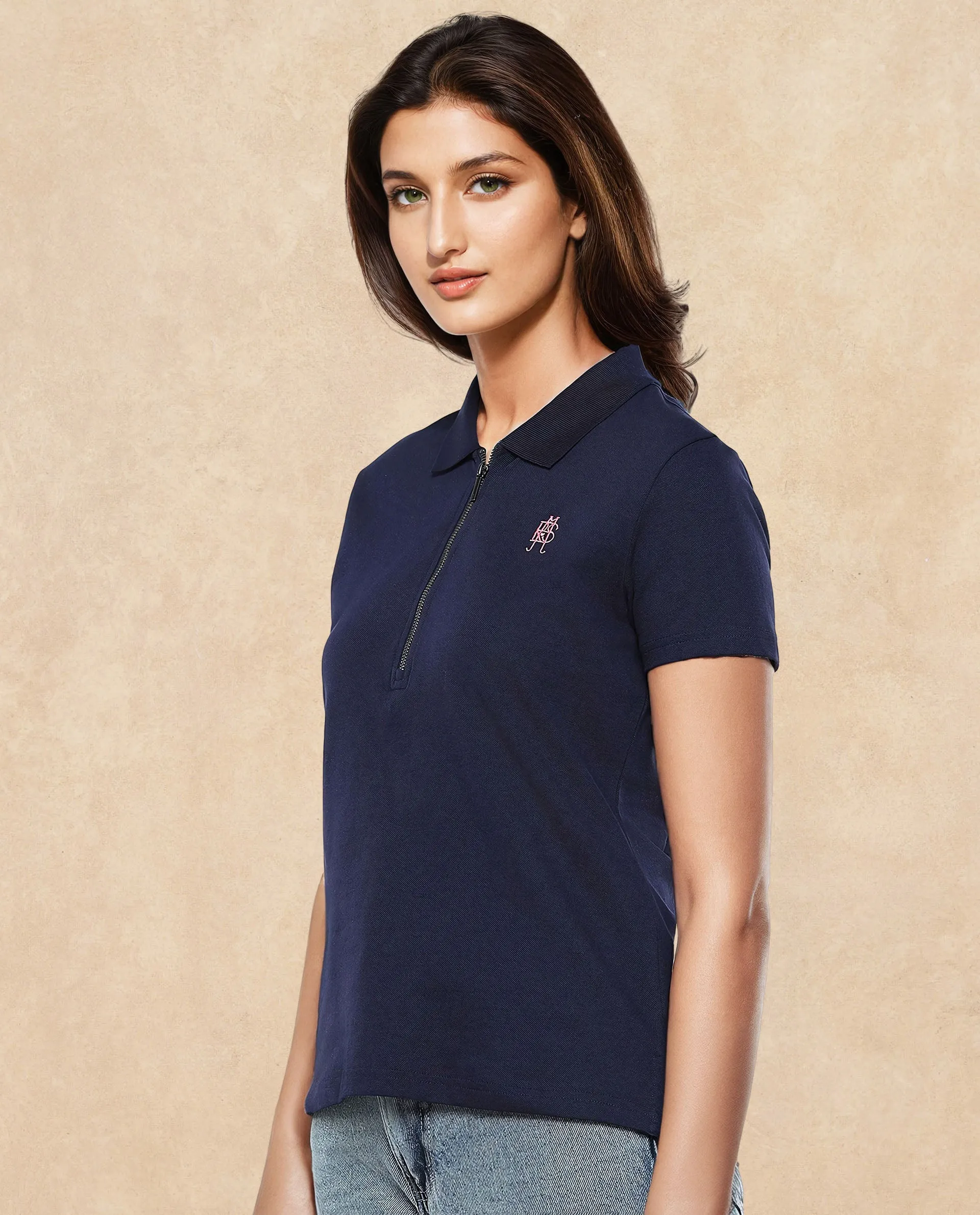 Rareism Women Laken Navy Cotton Lycra Fabric Short Sleeve Polo Collar Zipper Closure Plain Polo