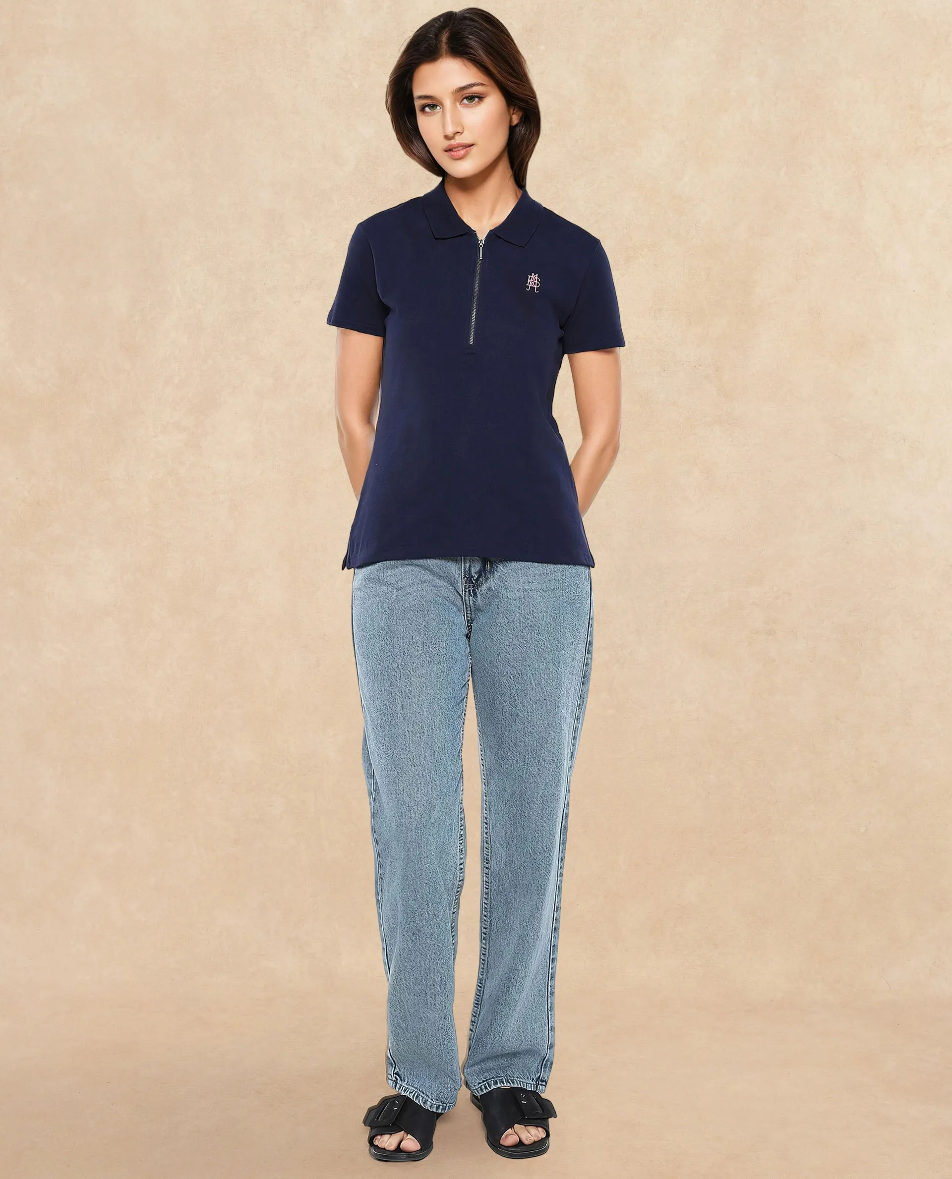 Rareism Women Laken Navy Cotton Lycra Fabric Short Sleeve Polo Collar Zipper Closure Plain Polo