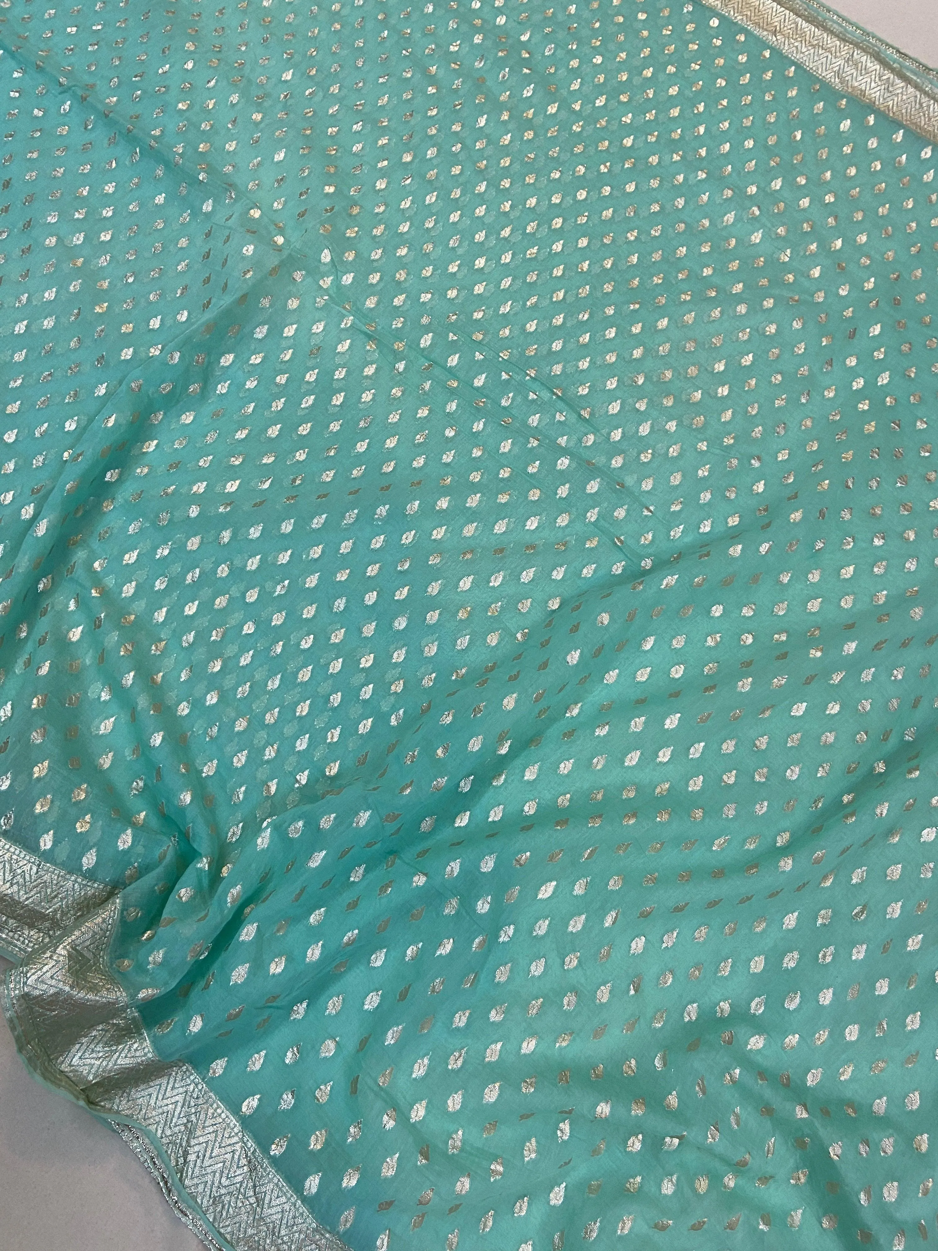 Sea Green Pure Banarasi Cotton Silk Handloom Saree With Blouse Piece