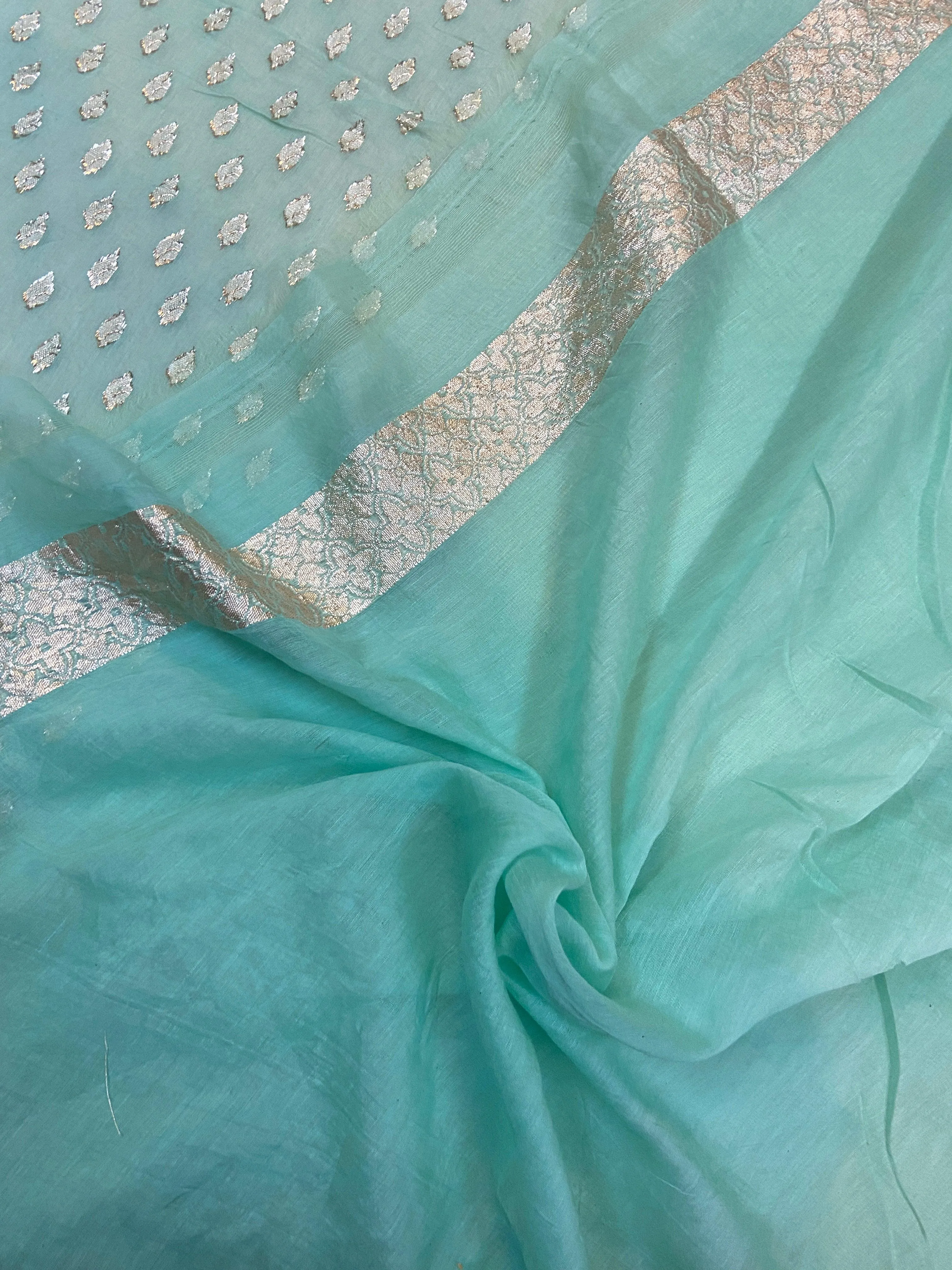 Sea Green Pure Banarasi Cotton Silk Handloom Saree With Blouse Piece