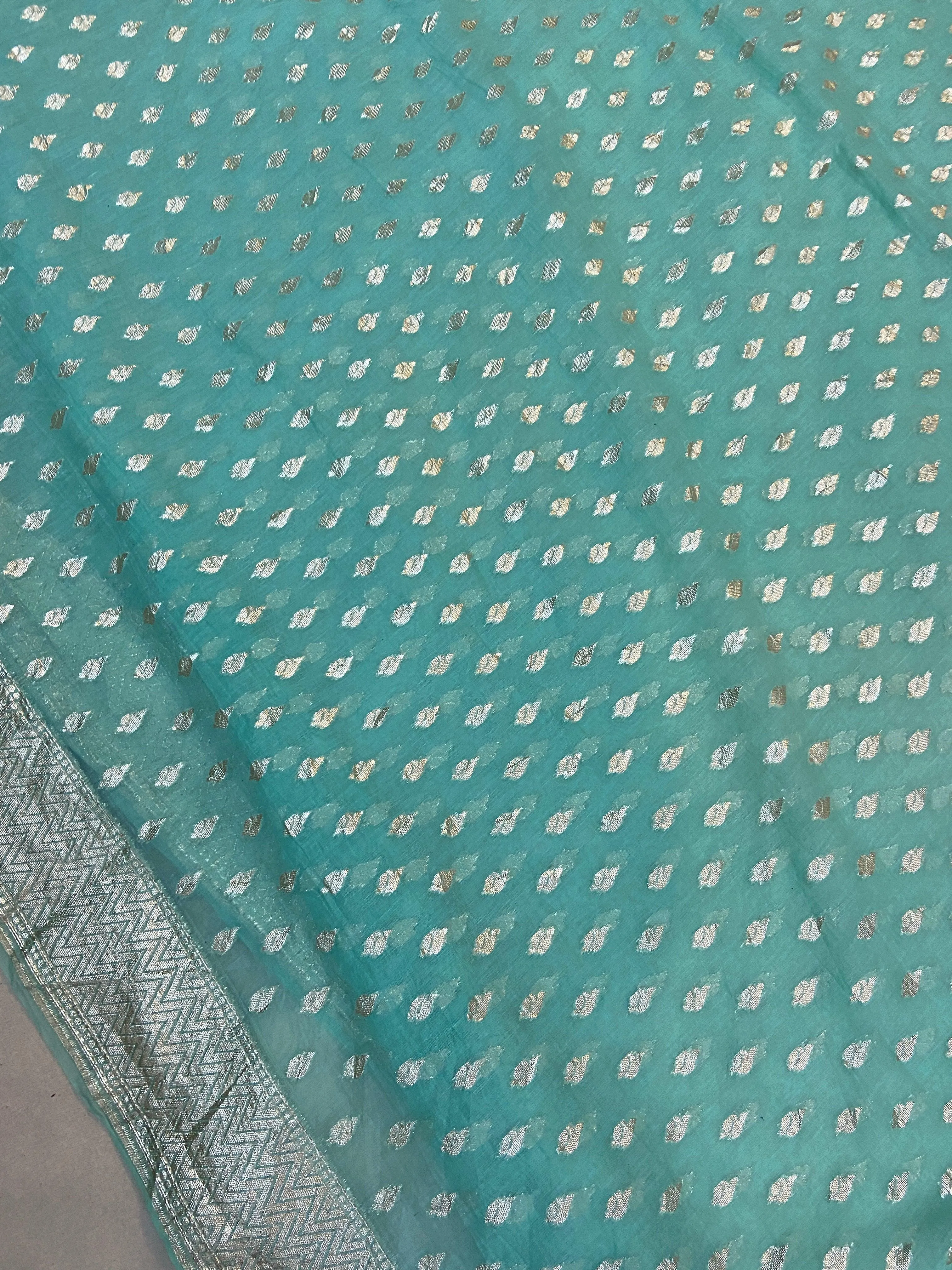 Sea Green Pure Banarasi Cotton Silk Handloom Saree With Blouse Piece