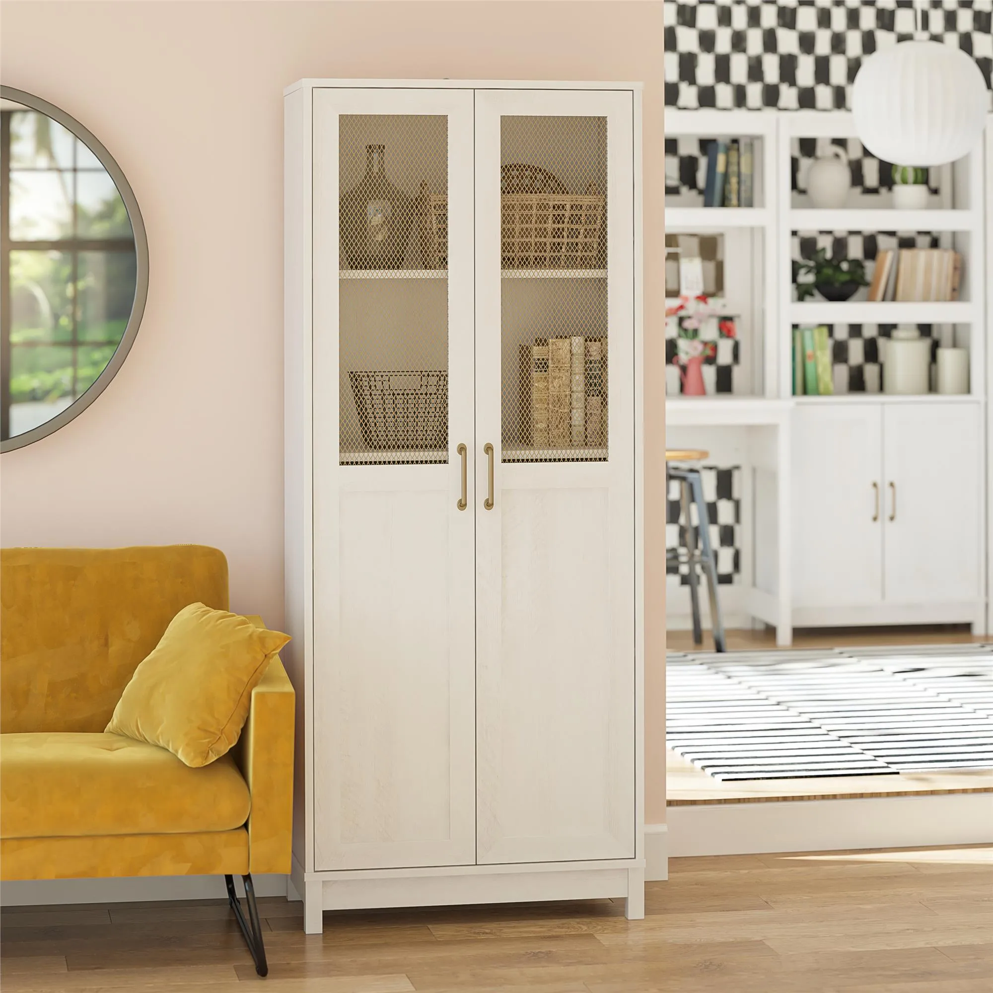 Tess 2-Door Wide Storage Cabinet with Modular Storage Options, Ivory Oak
