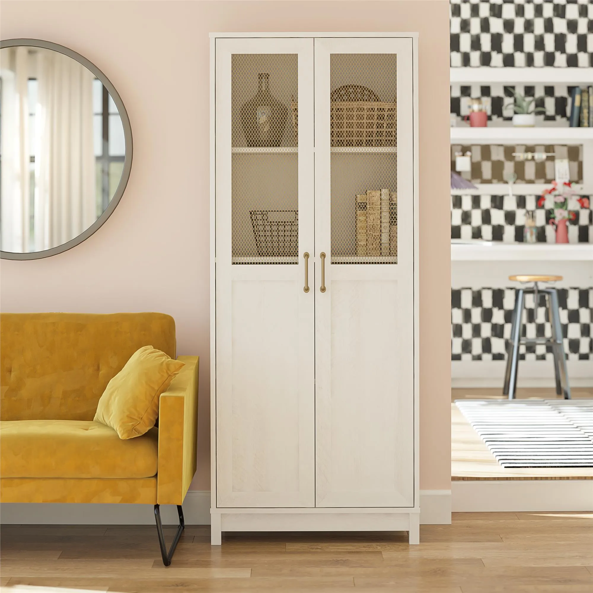 Tess 2-Door Wide Storage Cabinet with Modular Storage Options, Ivory Oak