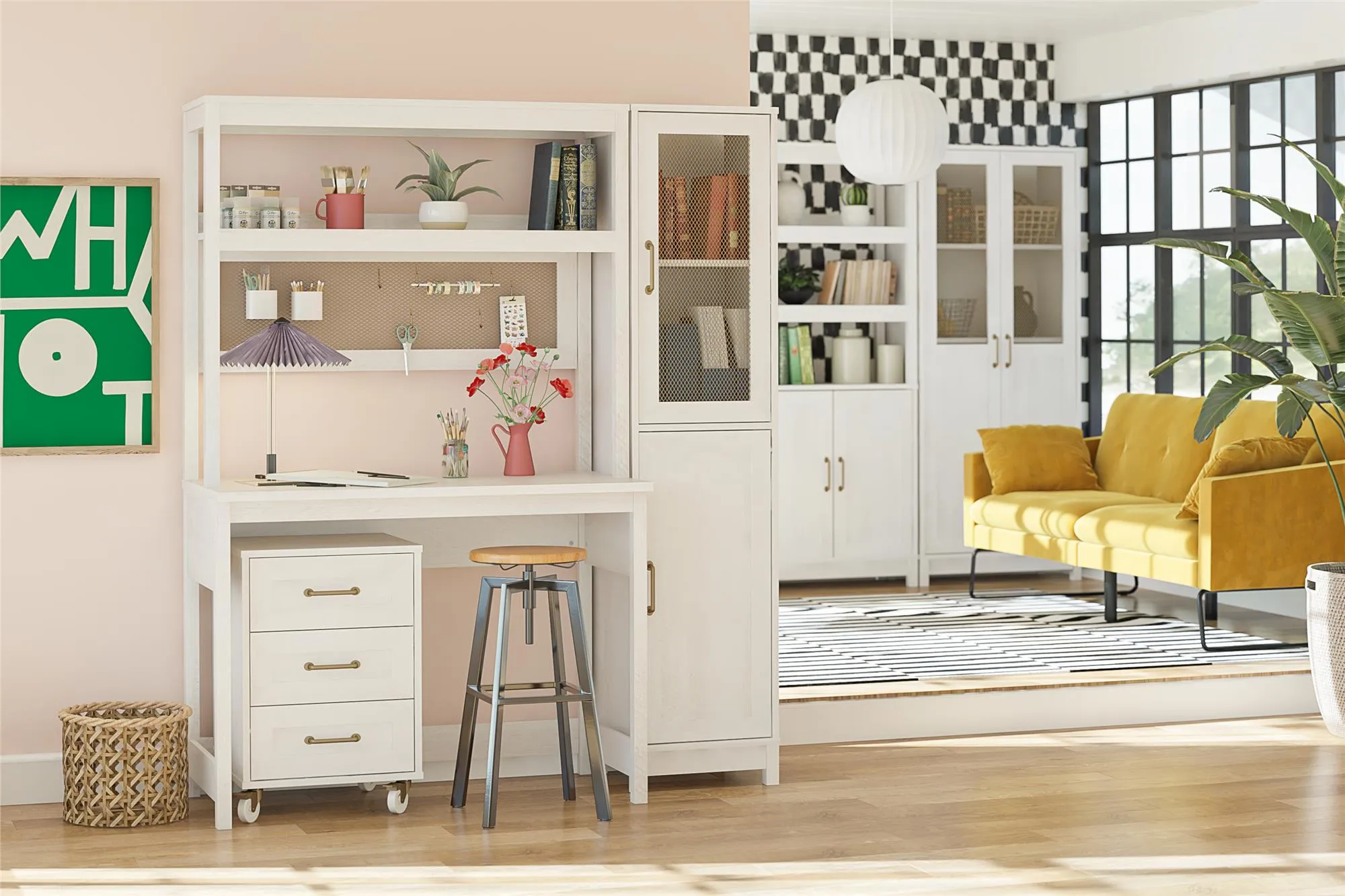 Tess 2-Door Wide Storage Cabinet with Modular Storage Options, Ivory Oak