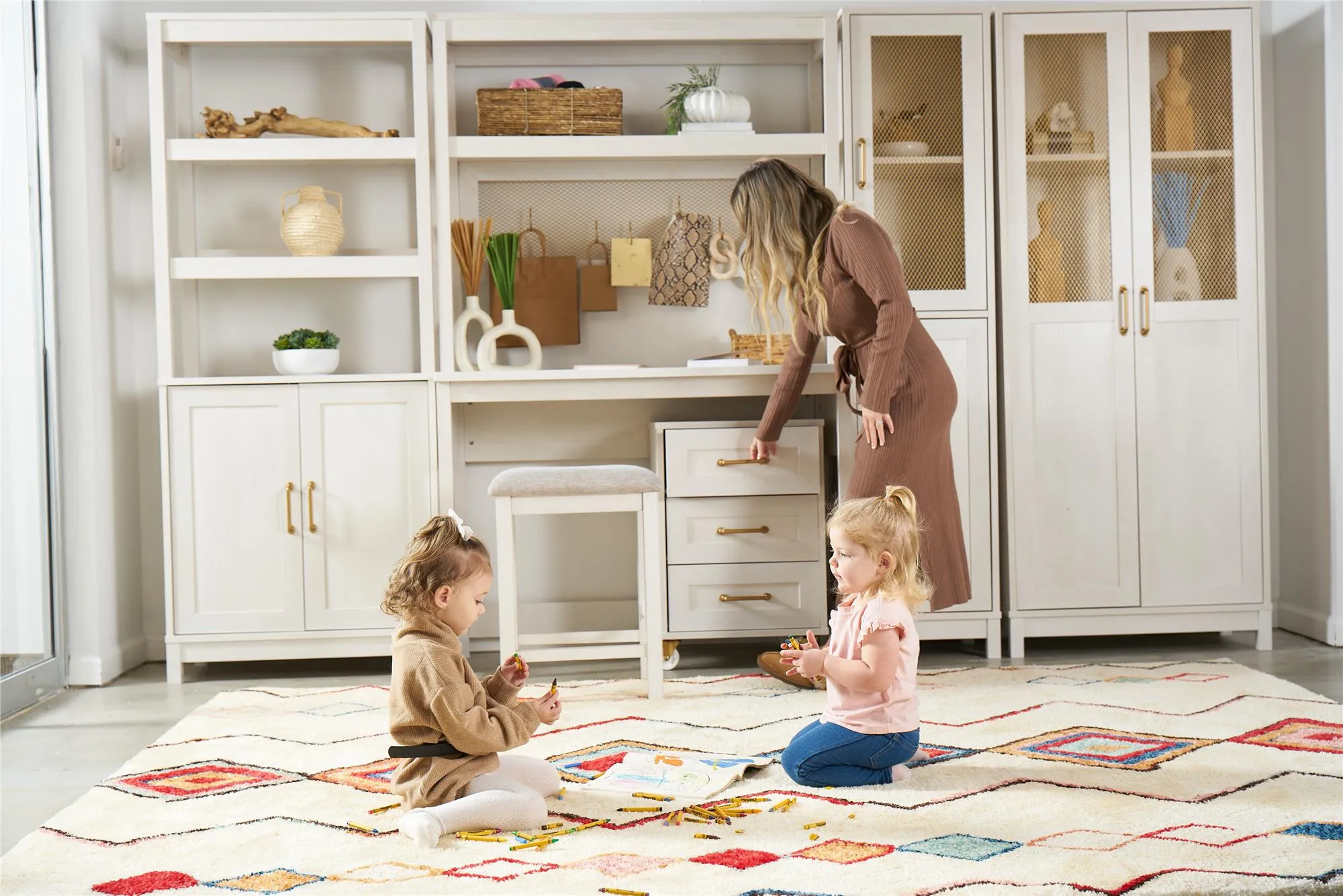 Tess 2-Door Wide Storage Cabinet with Modular Storage Options, Ivory Oak