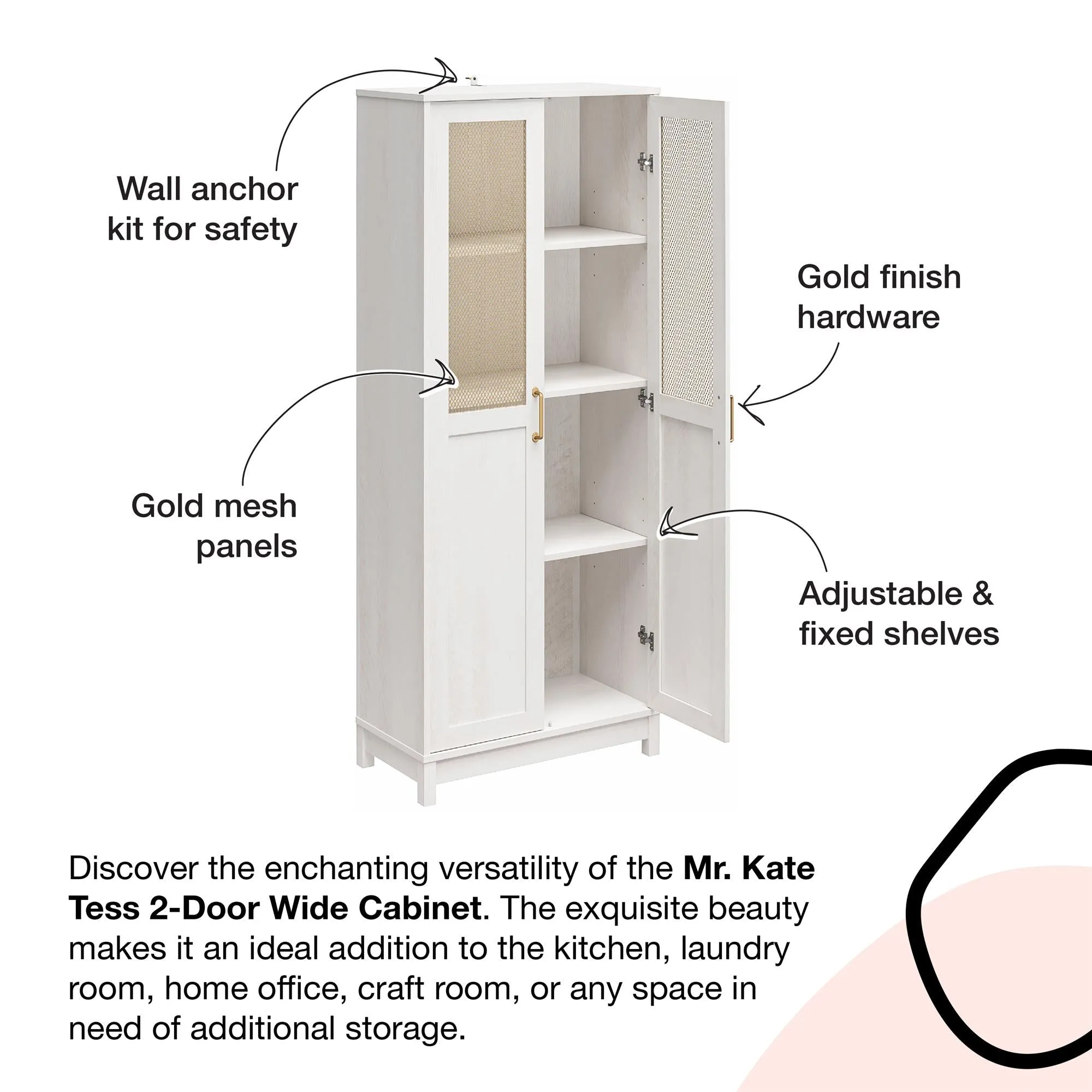 Tess 2-Door Wide Storage Cabinet with Modular Storage Options, Ivory Oak