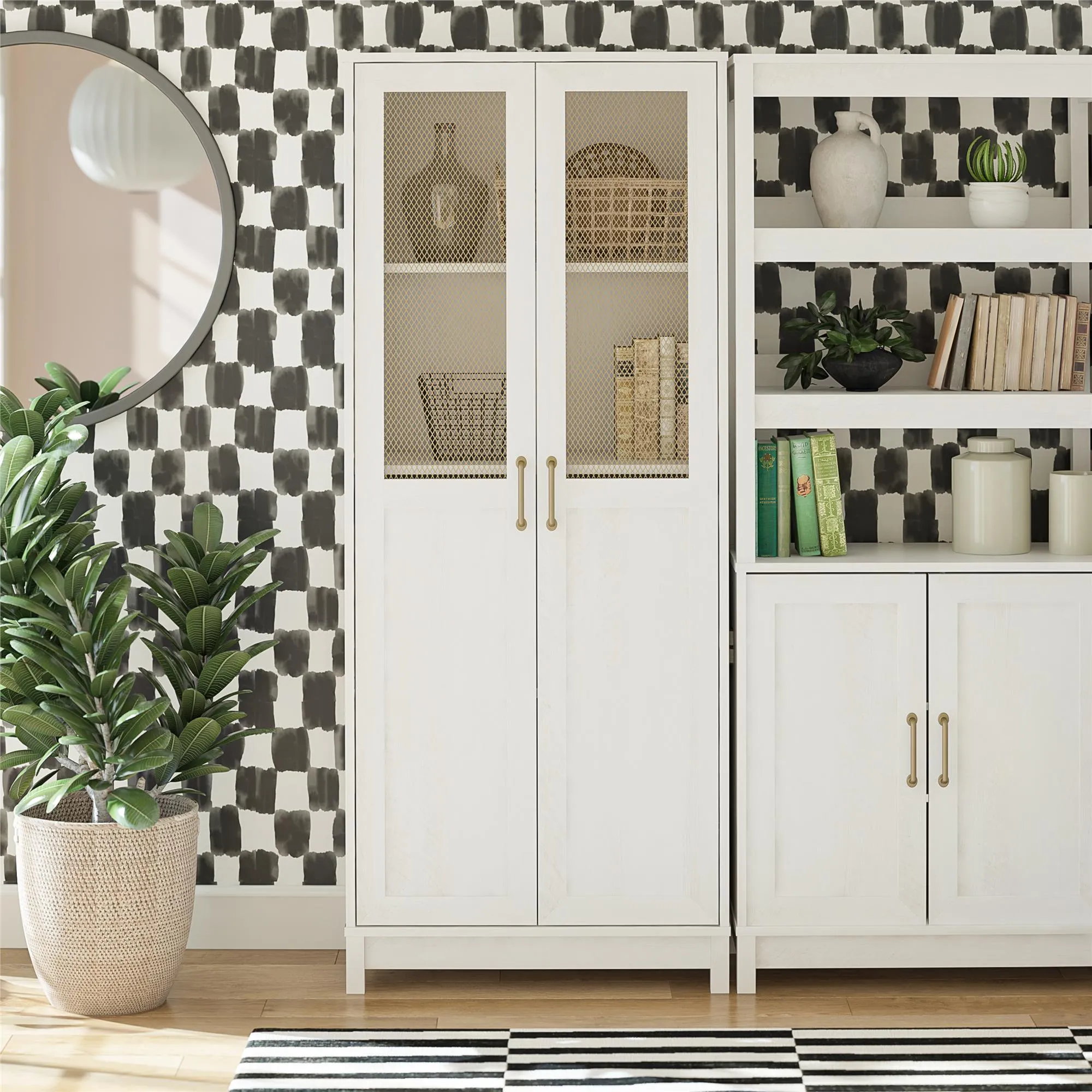 Tess 2-Door Wide Storage Cabinet with Modular Storage Options, Ivory Oak