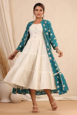 White and Peacock Blue Over Coat A-Line Kurti