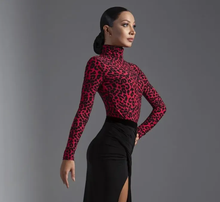 Women's Red Cheetah Print Turtleneck Practice Top Pra 1191
